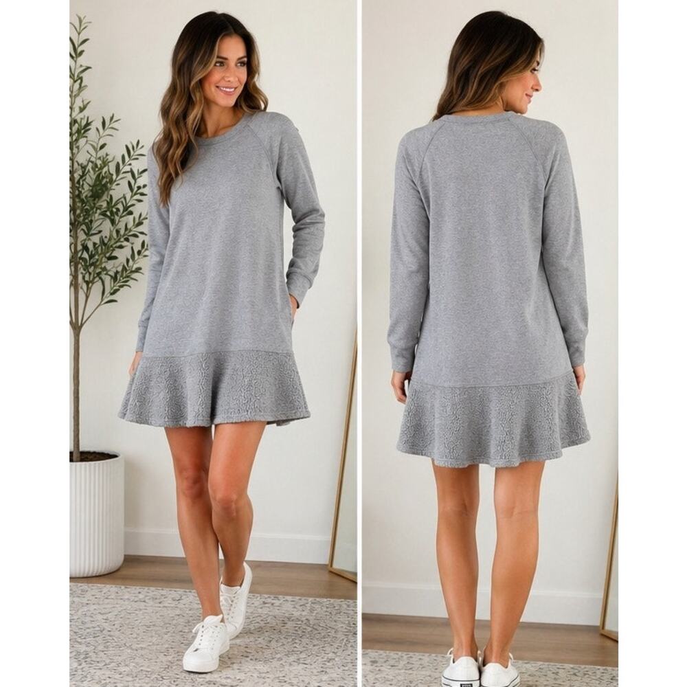 Cabi Gray Sweatshirt Dress Sherpa Hem Cozy Long Sleeve Small